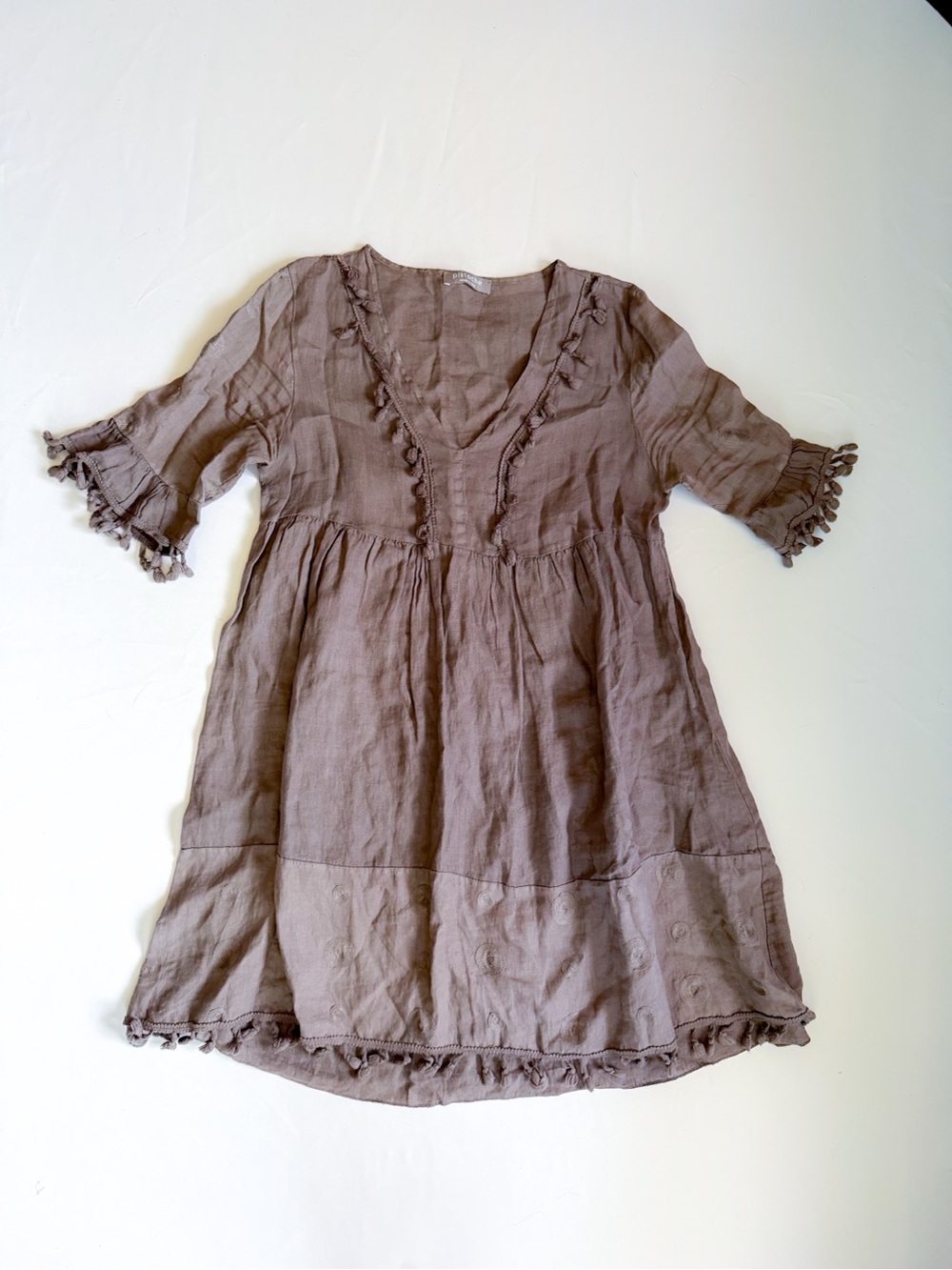 Pistache Linen Made in Italy V-Neck Ruffle Dress